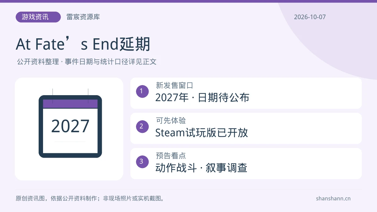 《At Fate’s End》延期至2027年：Steam试玩已开放，新预告聚焦战斗与调查|雷宸资源库